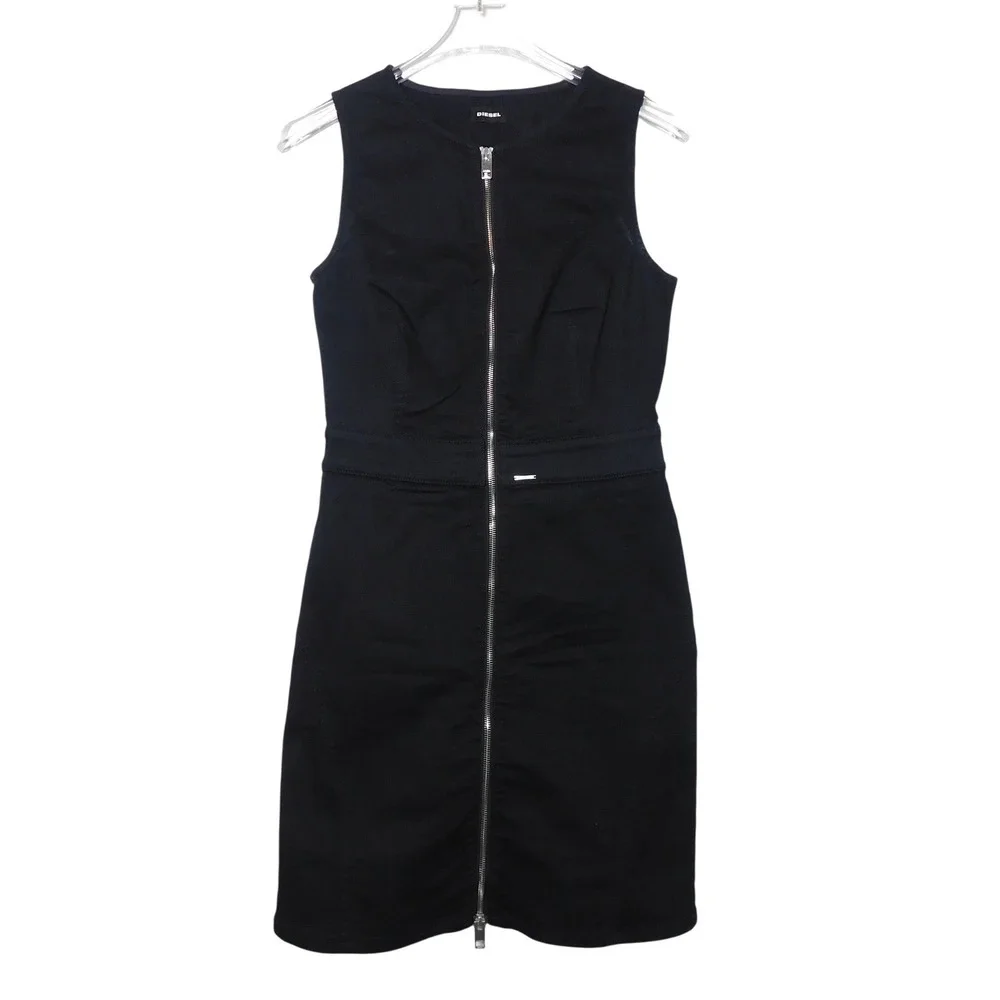 Diesel Black Denim Zip Front Mini Dress Lace Up Back Sleeveless Size M